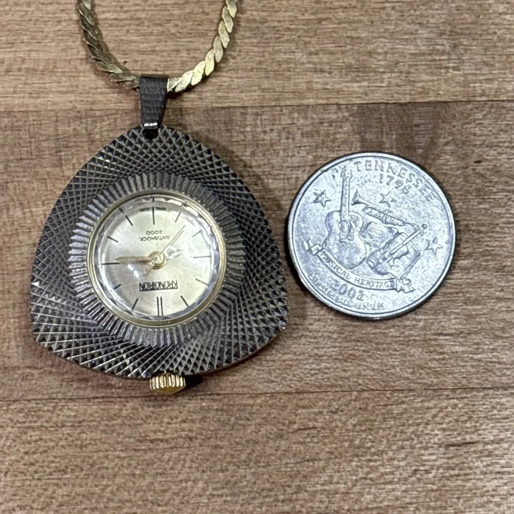 Vintage 1970s Chronotron Mechanical Pendant Watch Necklace Antishock 2000 Works